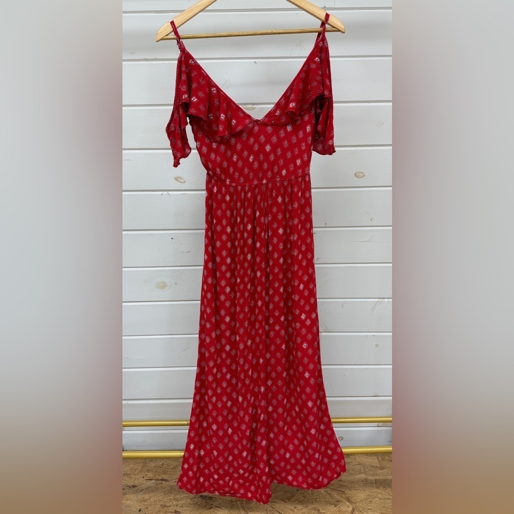 Band of Gypsies Foulard Red and Cream Faux Wrap Dress Women's XS - Picture 5 of 12